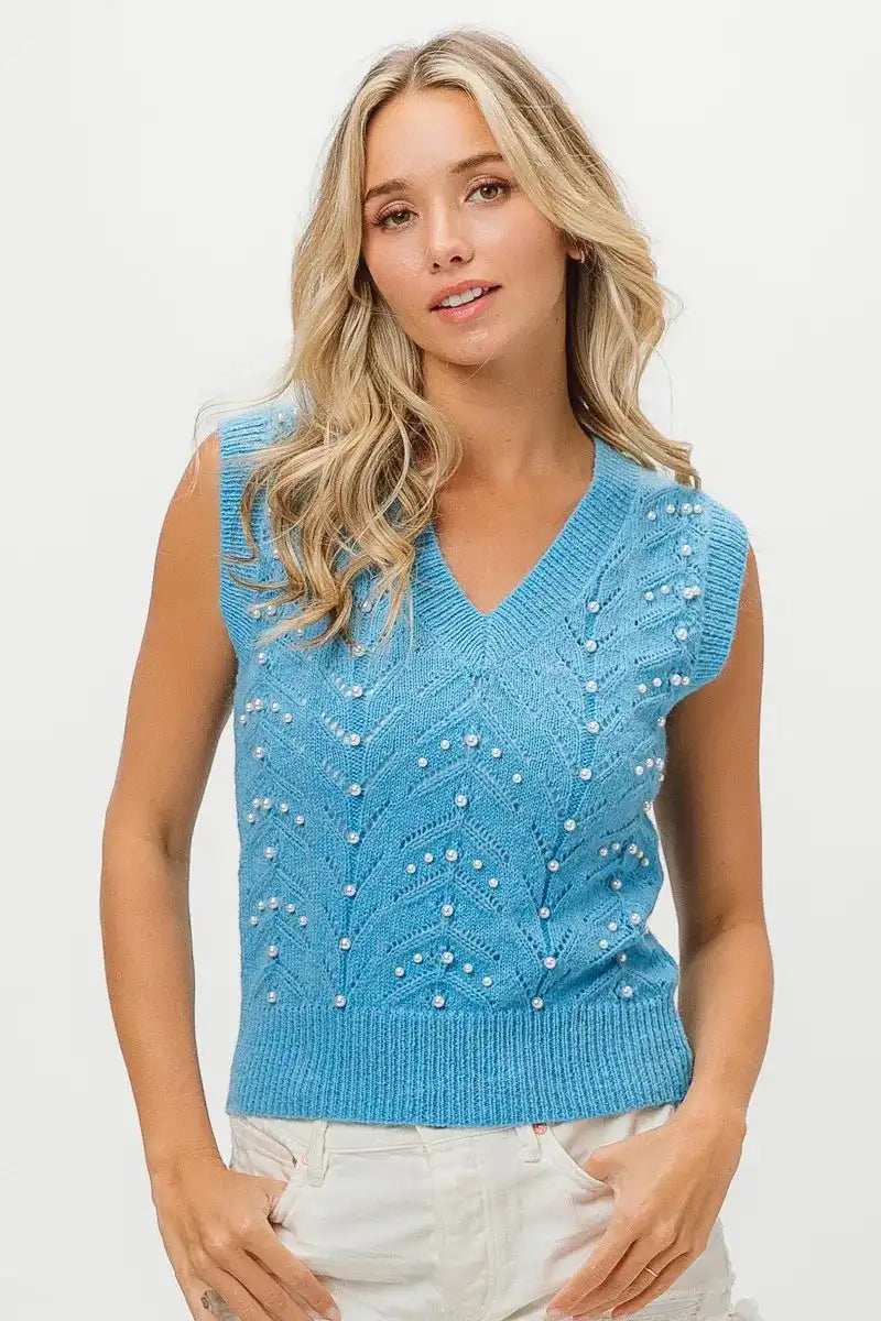 BiBi Chevron Pointelle Pearl Knit Top - Trendsi - Flyclothing LLC