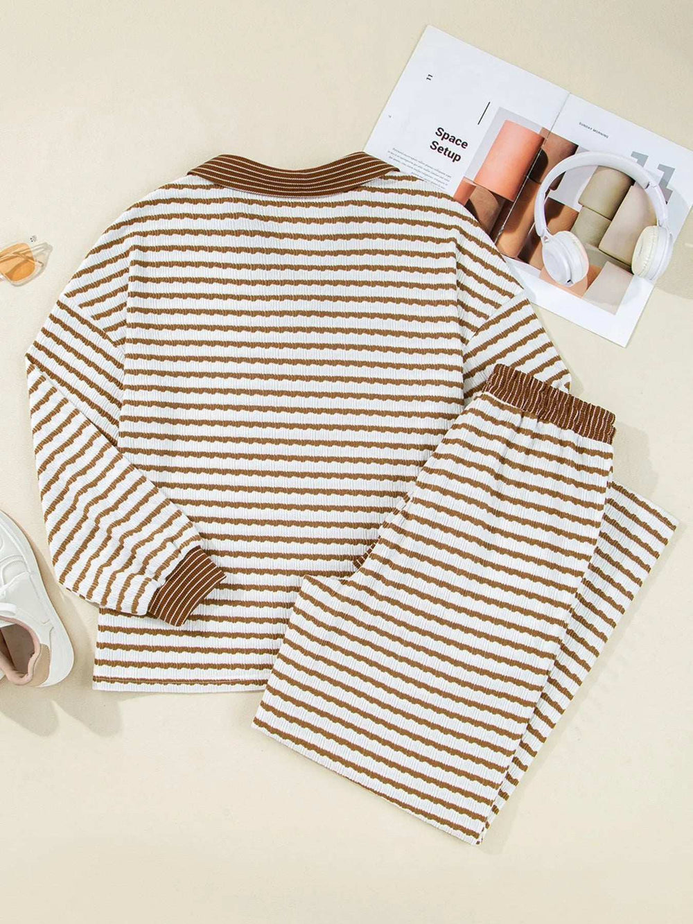 Stripe Collared Top and Drawstring Pant Set - Trendsi - Flyclothing LLC