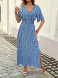 Slit Ditsy Floral Surplice Short Sleeve Maxi Dress - Trendsi