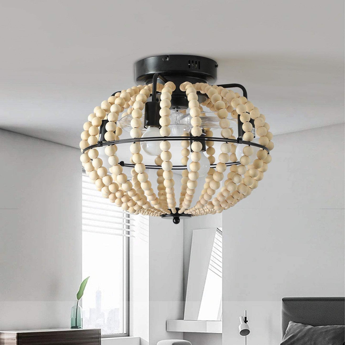 Natural Wood Bead Four Light Semi-Flush Mount Ceiling Fan And Light - HomeRoots - Flyclothing LLC