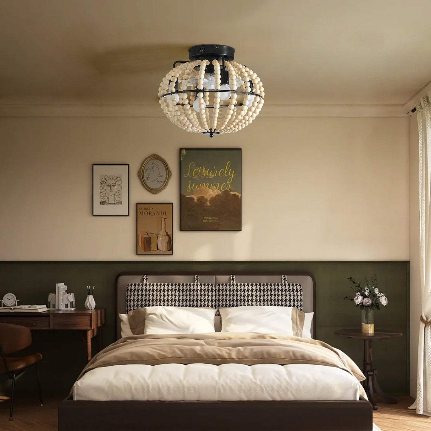 Natural Wood Bead Four Light Semi-Flush Mount Ceiling Fan And Light - HomeRoots - Flyclothing LLC