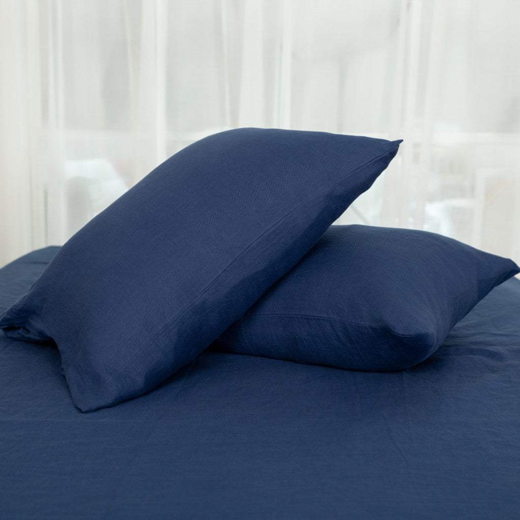 Set of Two Navy Blue Linen Standard Pillowcases - HomeRoots - Flyclothing LLC