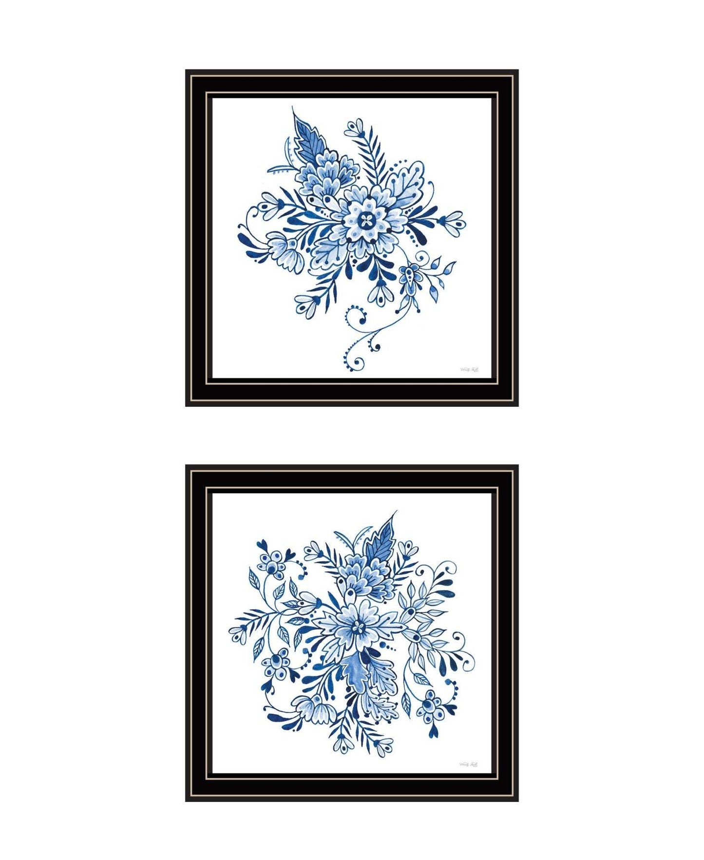 Set Of Two Blue And White Delph Floral Black Framed Wall Art - HomeRoots - Flyclothing LLC