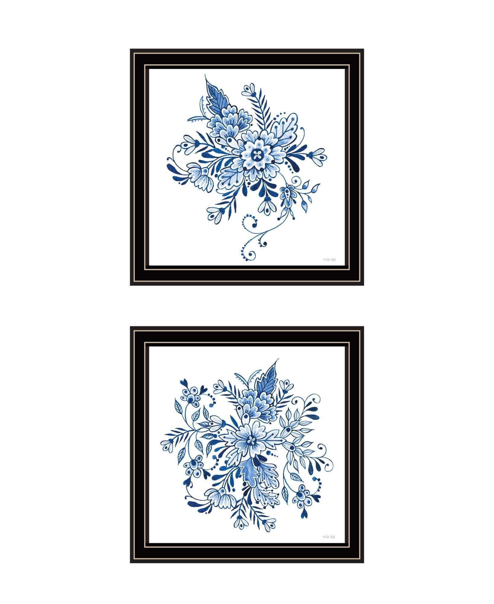 Set Of Two Blue And White Delph Floral Black Framed Wall Art - HomeRoots - Flyclothing LLC
