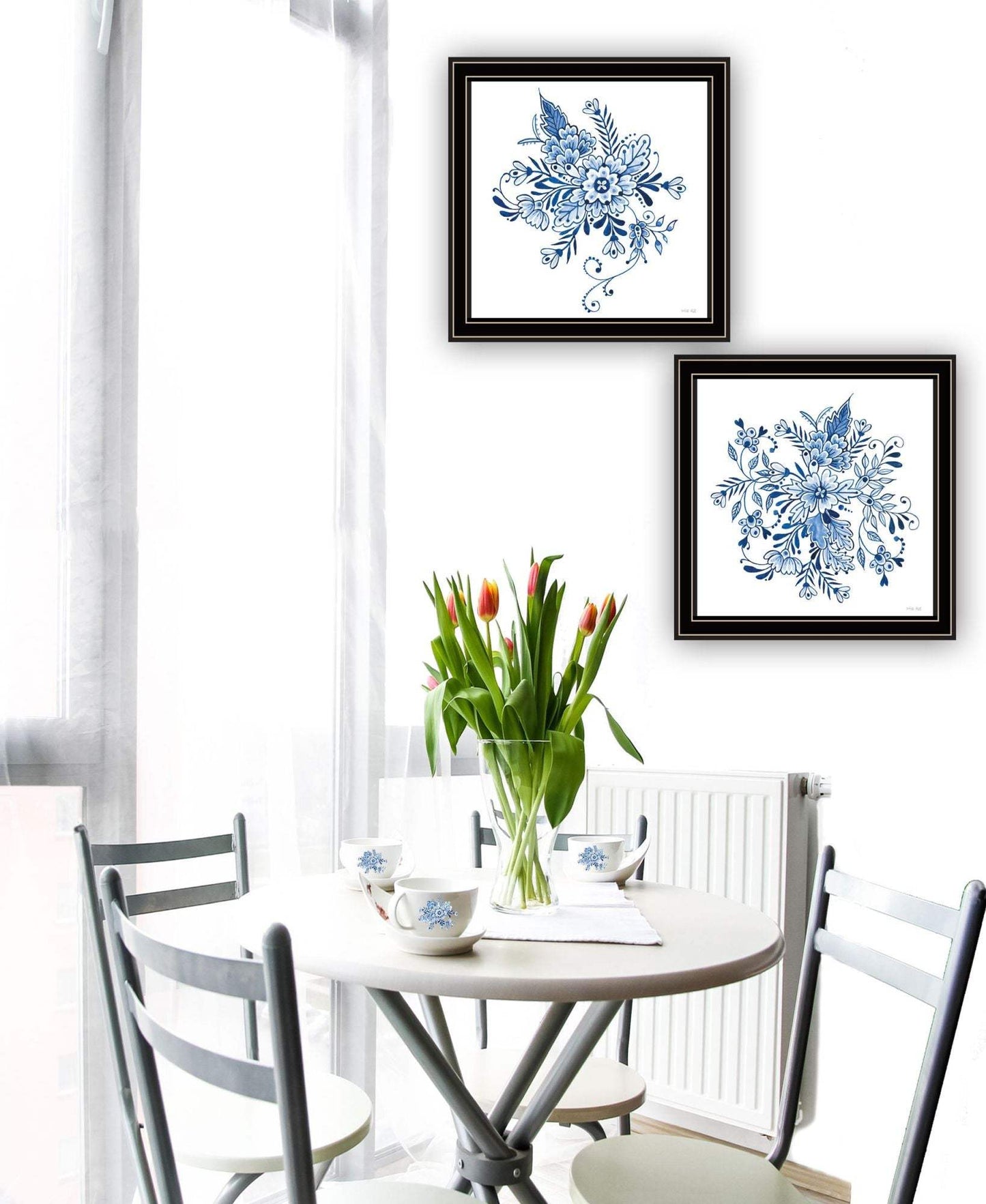 Set Of Two Blue And White Delph Floral Black Framed Wall Art - HomeRoots - Flyclothing LLC