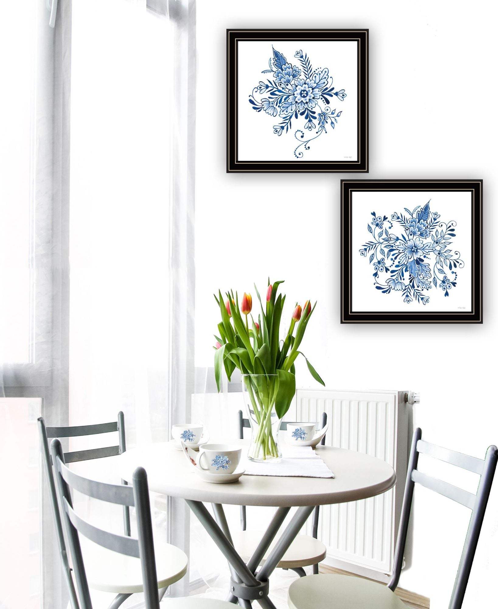 Set Of Two Blue And White Delph Floral Black Framed Wall Art - HomeRoots - Flyclothing LLC