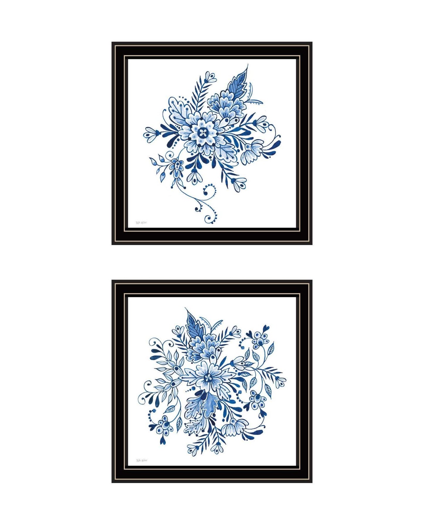 Set Of Two Blue And White Delph Floral Black Framed Wall Art - HomeRoots - Flyclothing LLC
