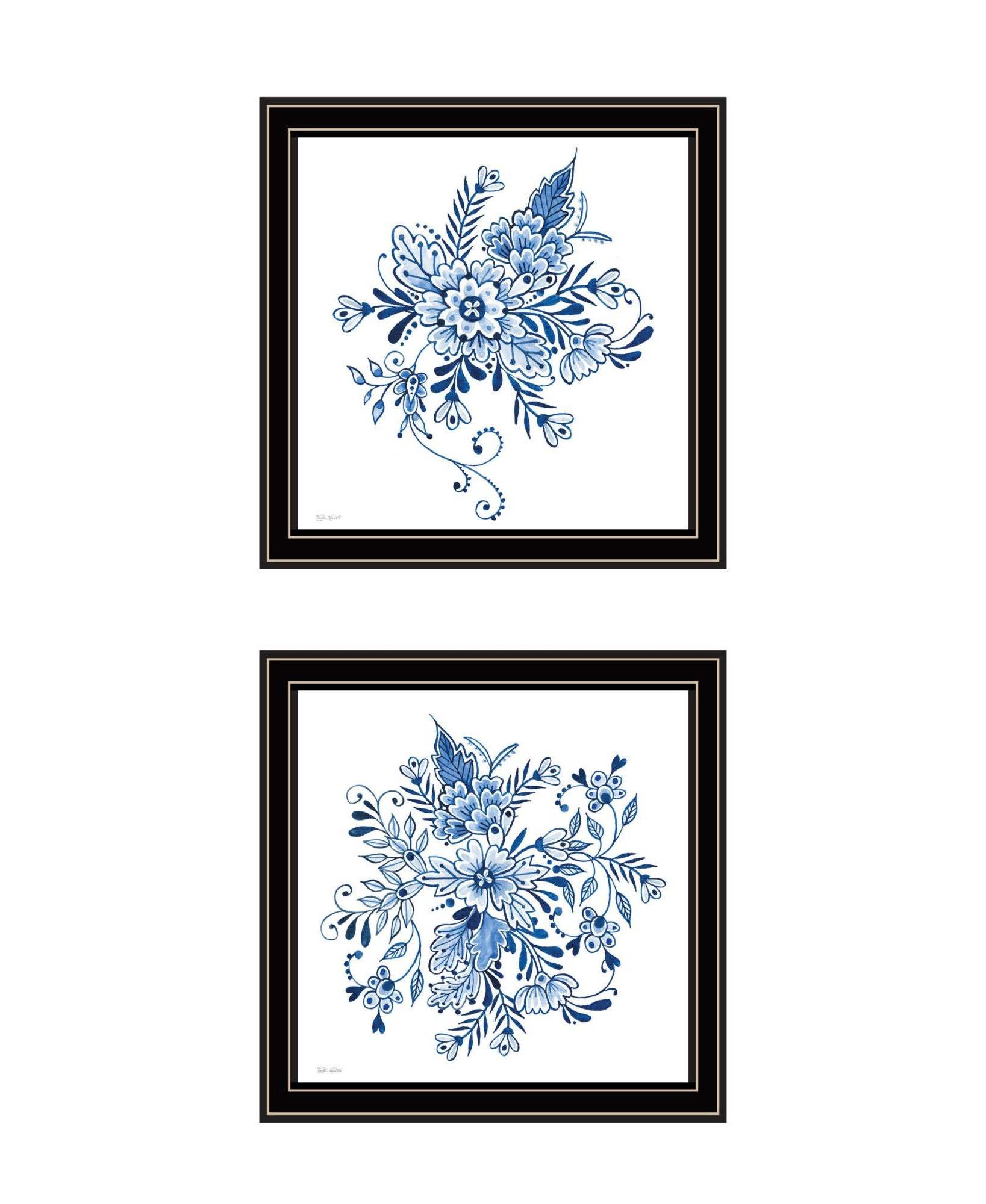 Set Of Two Blue And White Delph Floral Black Framed Wall Art - HomeRoots - Flyclothing LLC