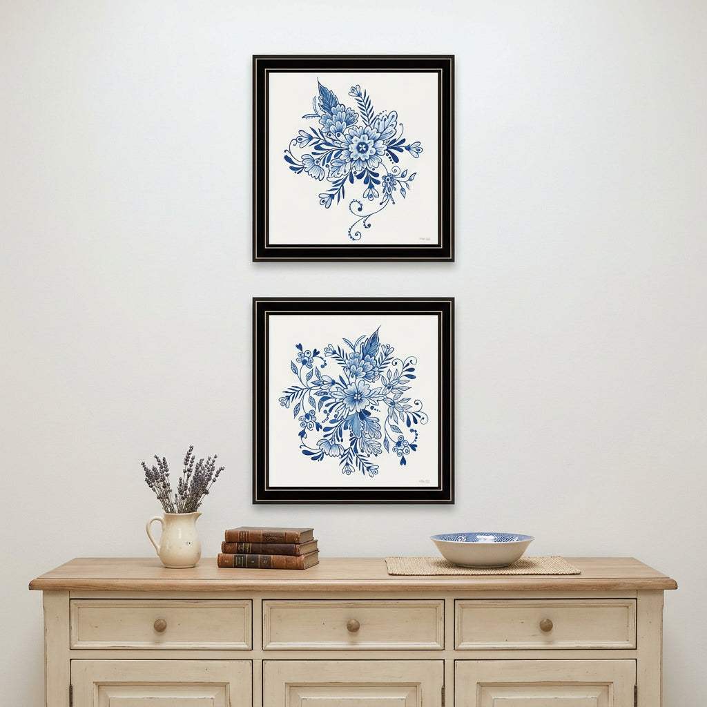 Set Of Two Blue And White Delph Floral Black Framed Wall Art - HomeRoots - Flyclothing LLC
