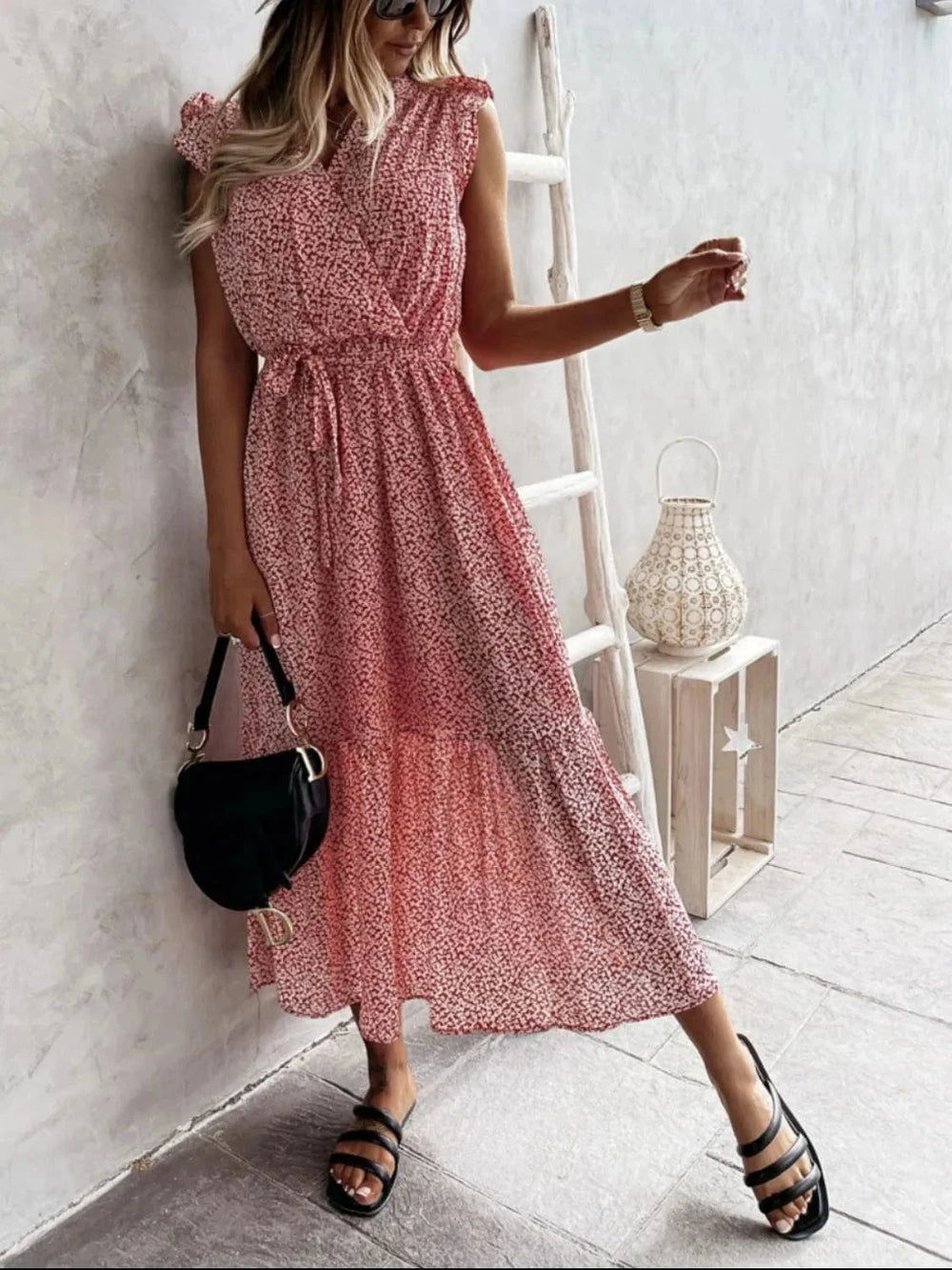 Ruffled Surplice Printed Cap Sleeve Dress - Trendsi