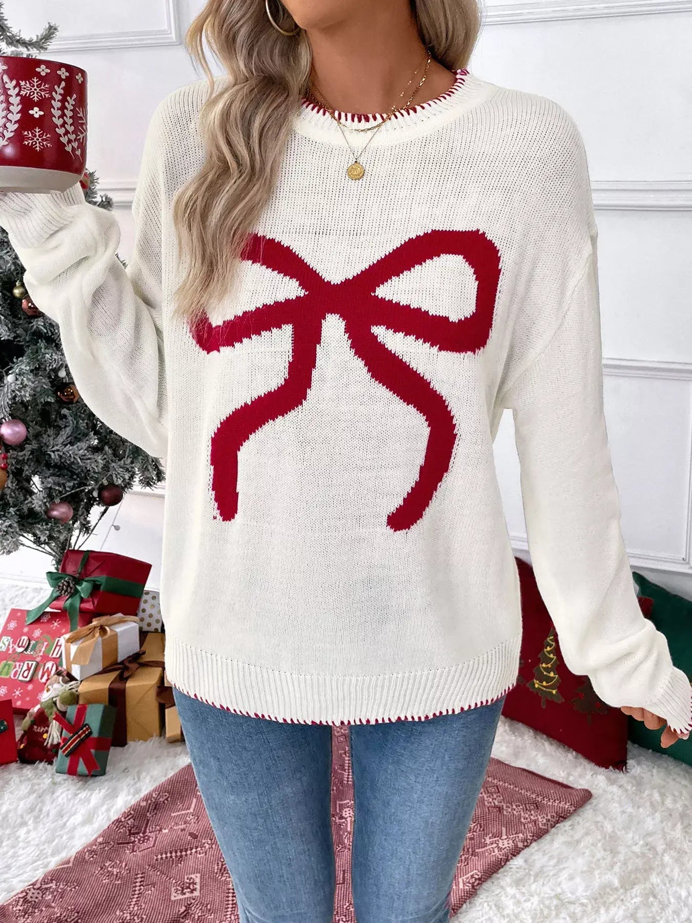 Bow Round Neck Sweater - Trendsi - Flyclothing LLC