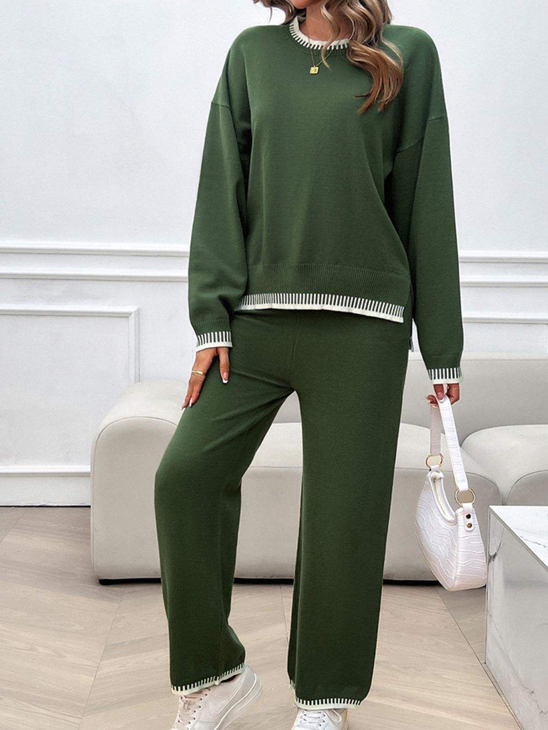 Round Neck Dropped Shoulder Top and Pants Sweater Set - Trendsi - Flyclothing LLC