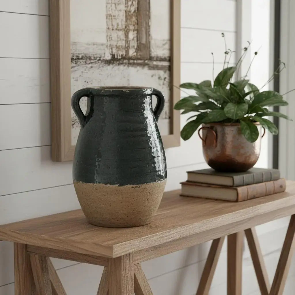 13" Forest Green And Sand Color Block Terracotta Round Jug Vase - Homeroots - Flyclothing LLC