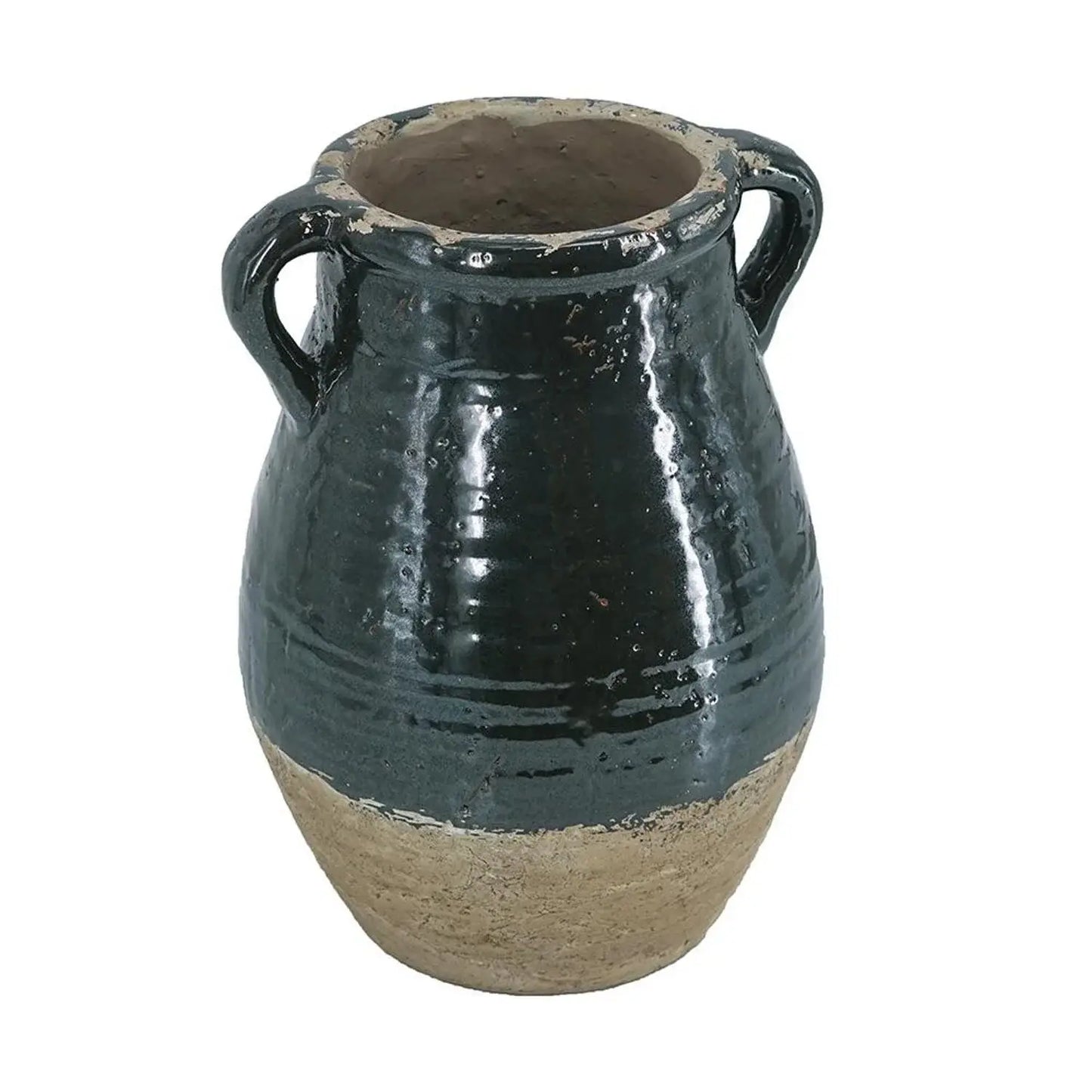 13" Forest Green And Sand Color Block Terracotta Round Jug Vase - Homeroots - Flyclothing LLC