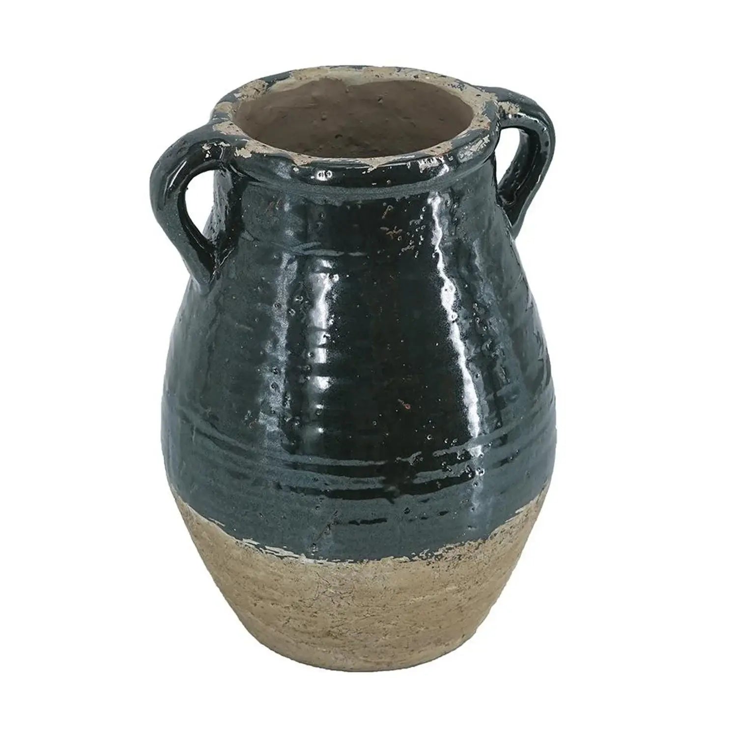 13" Forest Green And Sand Color Block Terracotta Round Jug Vase - Homeroots - Flyclothing LLC