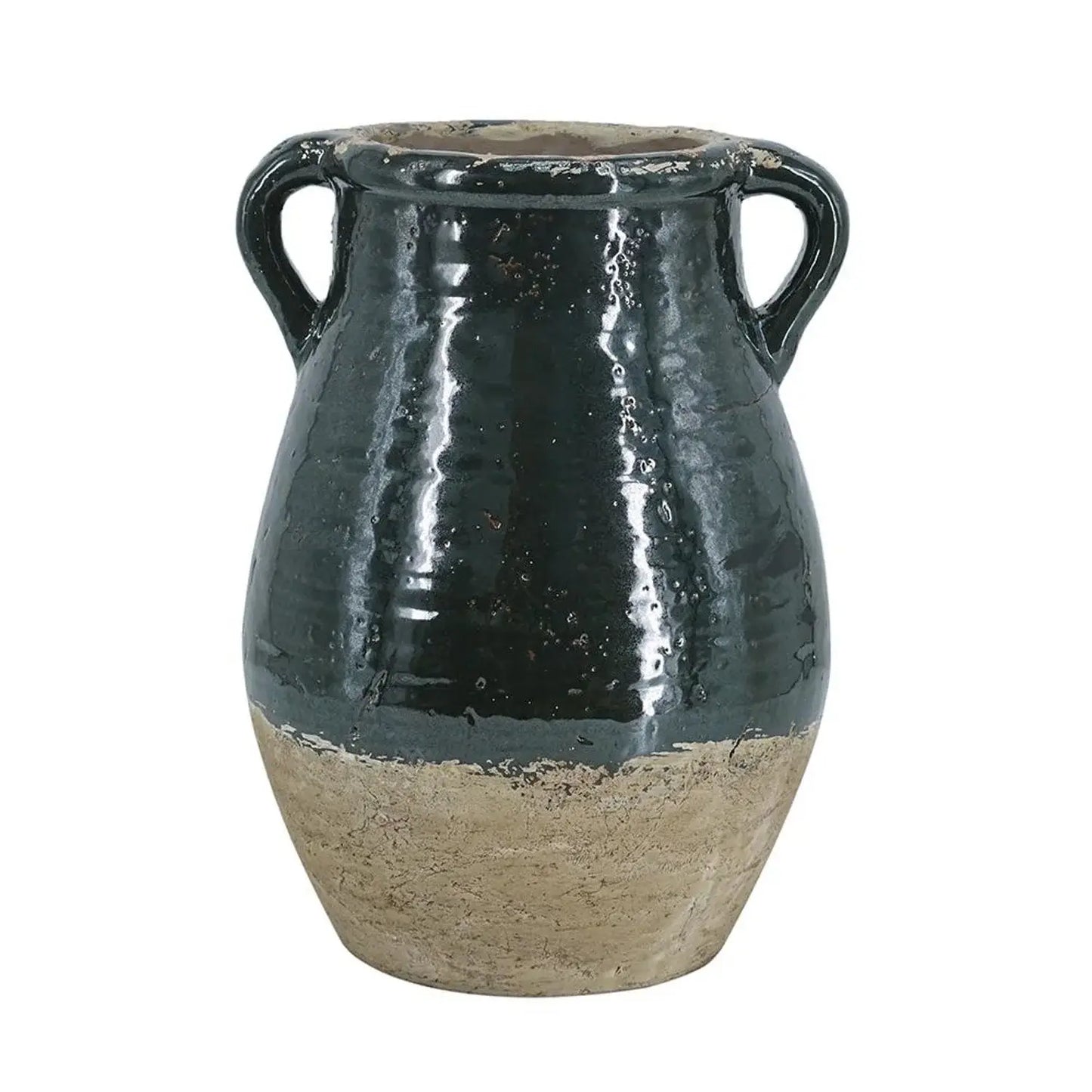 13" Forest Green And Sand Color Block Terracotta Round Jug Vase - Homeroots - Flyclothing LLC