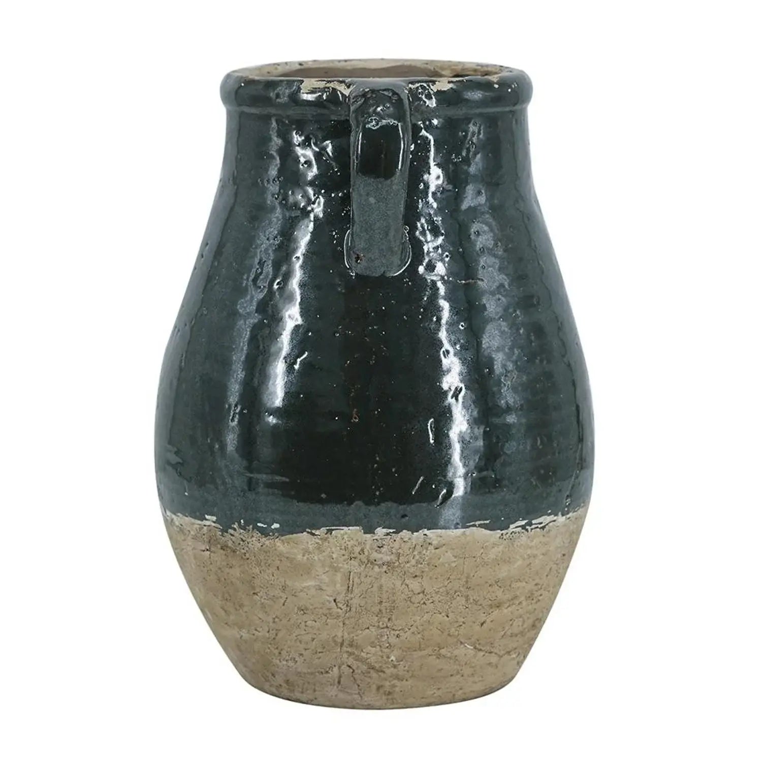 13" Forest Green And Sand Color Block Terracotta Round Jug Vase - Homeroots - Flyclothing LLC