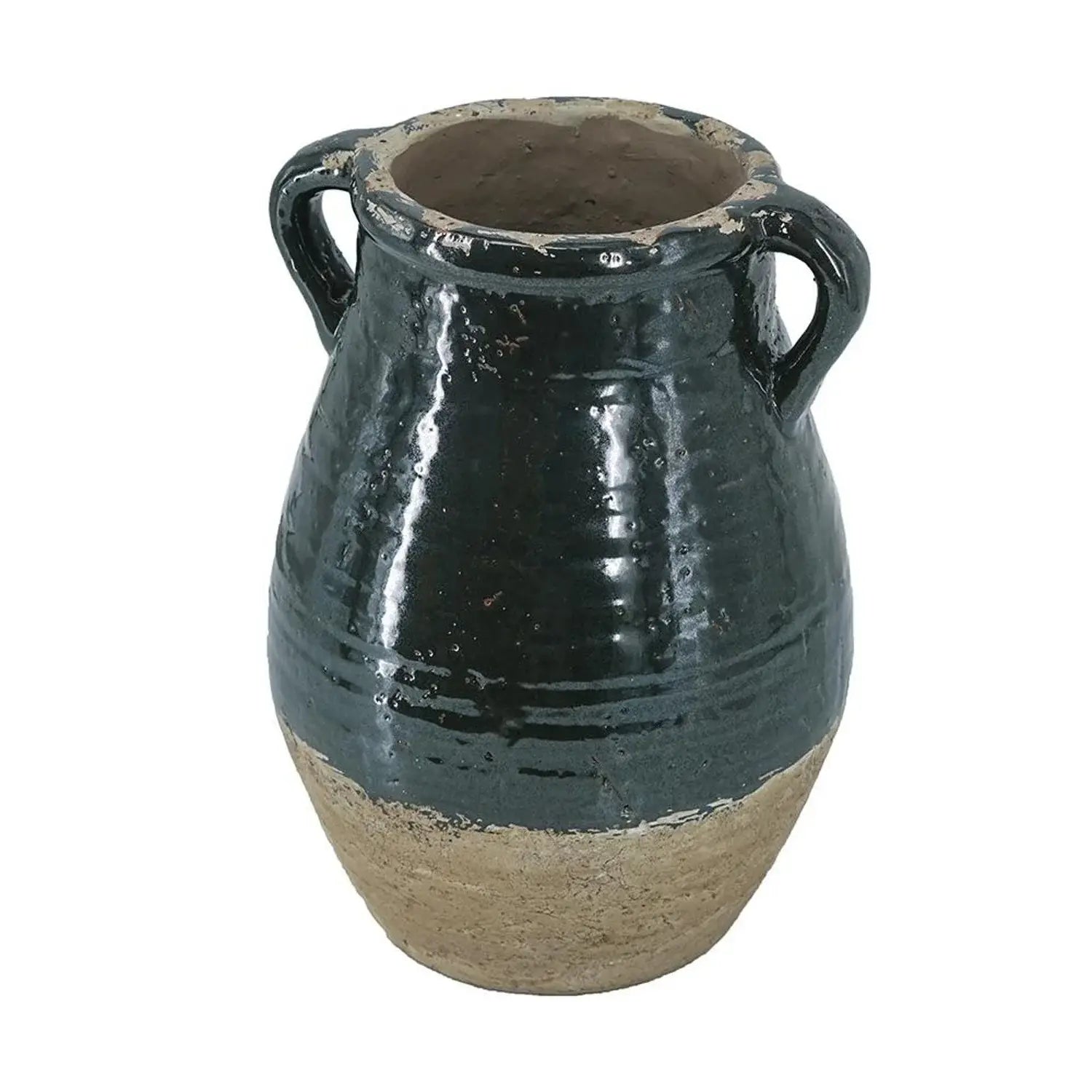 13" Forest Green And Sand Color Block Terracotta Round Jug Vase - Homeroots - Flyclothing LLC