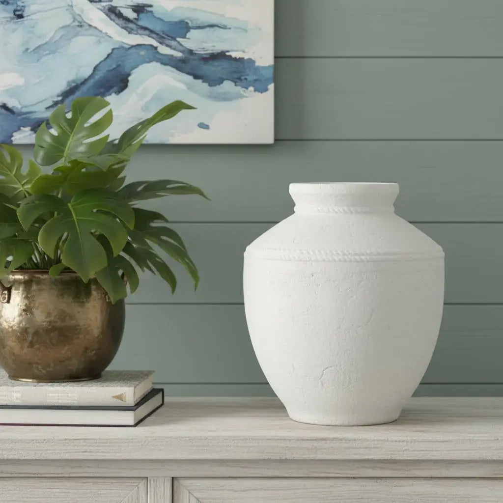 14" White Terracotta Round Jug Vase - Homeroots - Flyclothing LLC