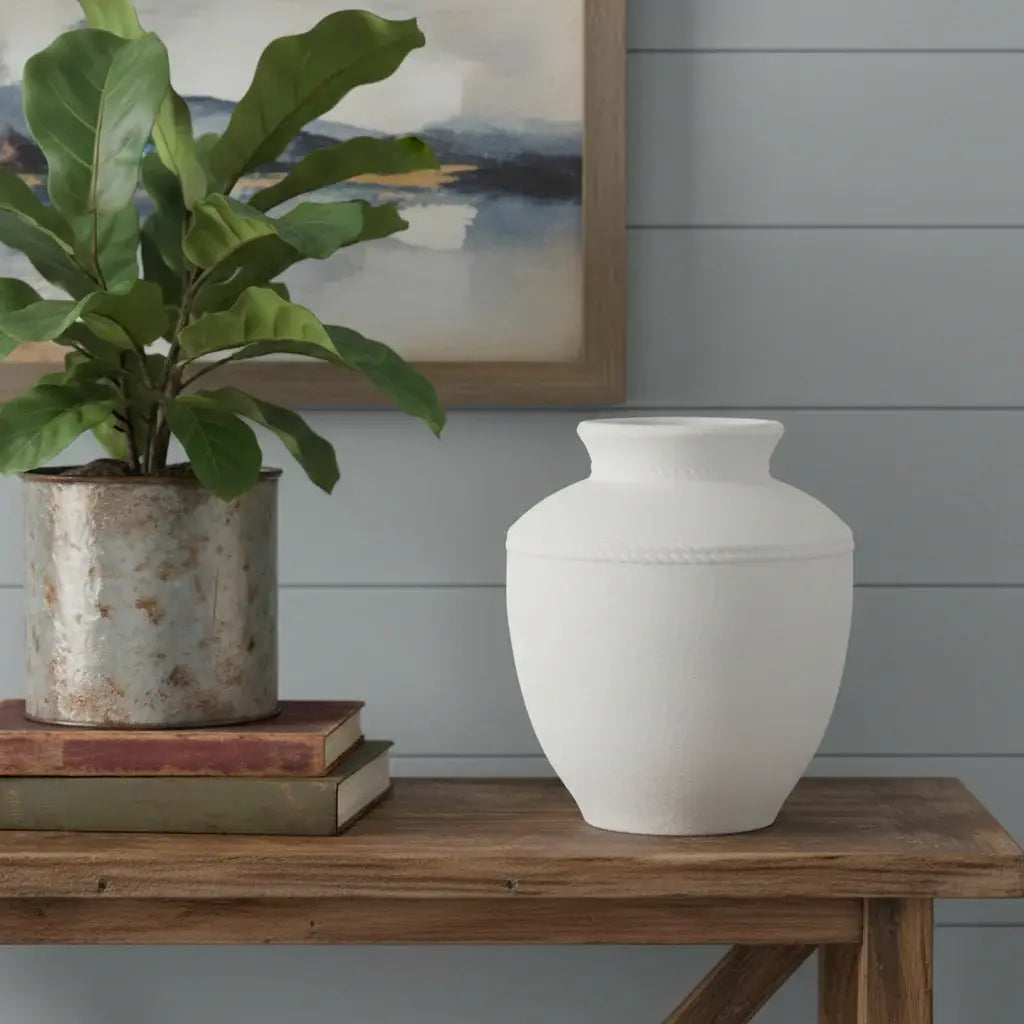 16" White Terracotta Round Jug Vase - Homeroots - Flyclothing LLC