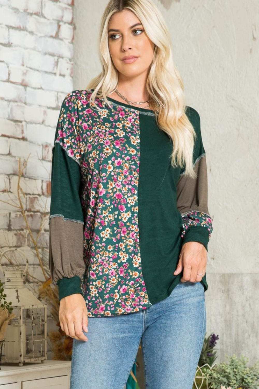 Celeste Full Size Floral Color Block Exposed Seam T-Shirt - Trendsi - Flyclothing LLC