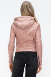 Snobbish Faux Leather Zip Up Drawstring Hooded Jacket - Trendsi