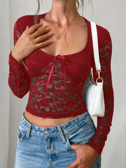 Devine Scoop Neck Long Sleeve Lace Top - Trendsi