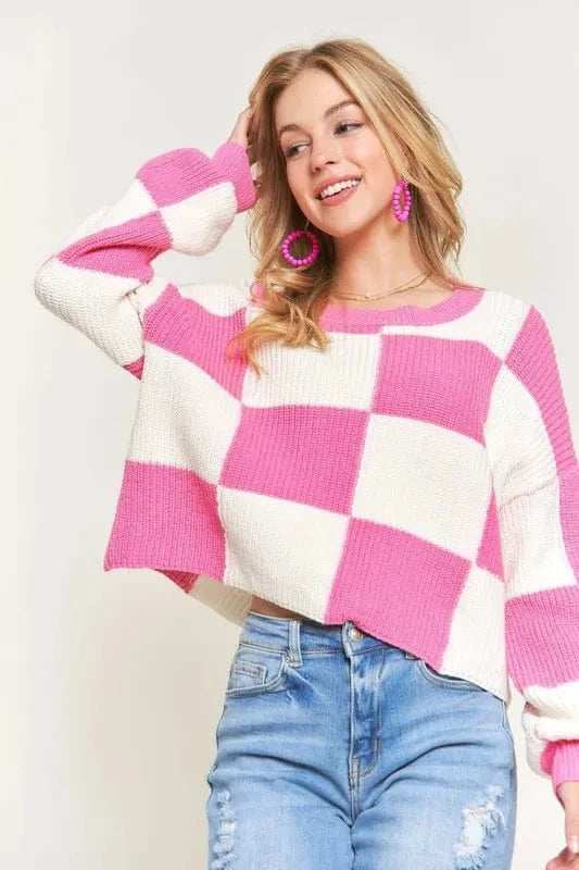 ADORA Plus Size Comfy Checkered Colorblock Sweater Top - Trendsi - Flyclothing LLC