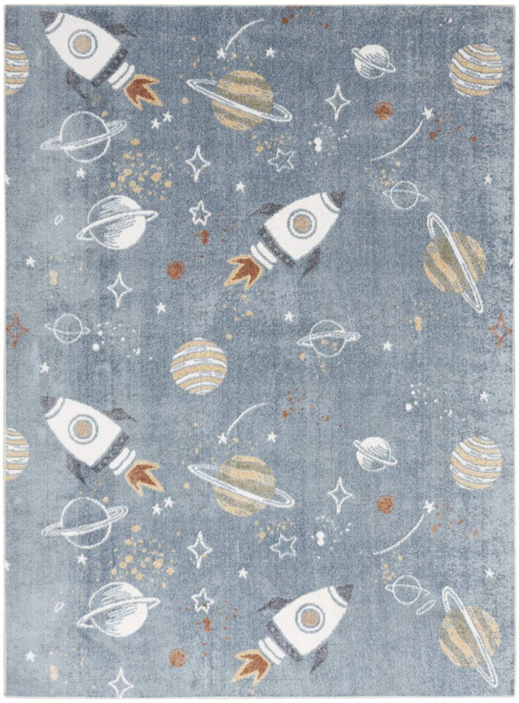 5' X 7' Blue Spaceships Youthful Washable Area Rug - HomeRoots - Flyclothing LLC