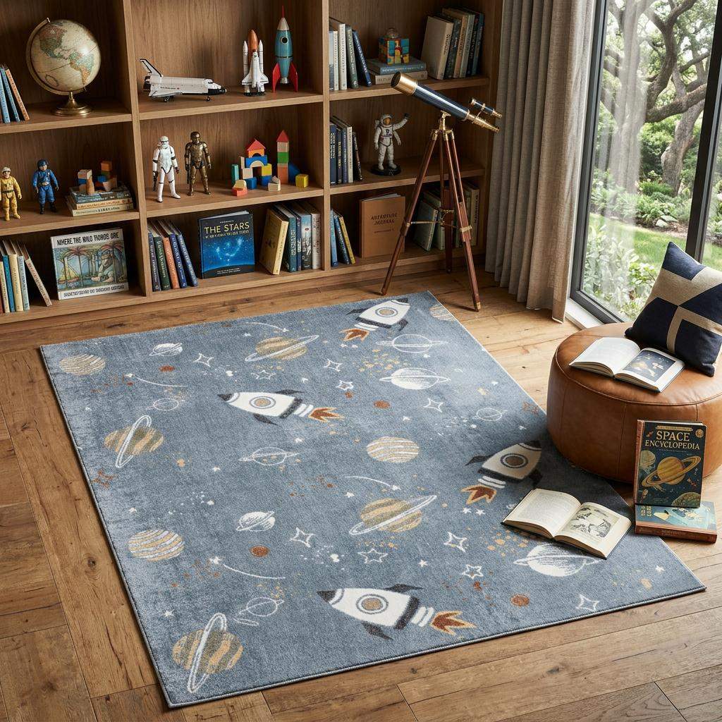 5' X 7' Blue Spaceships Youthful Washable Area Rug - HomeRoots - Flyclothing LLC