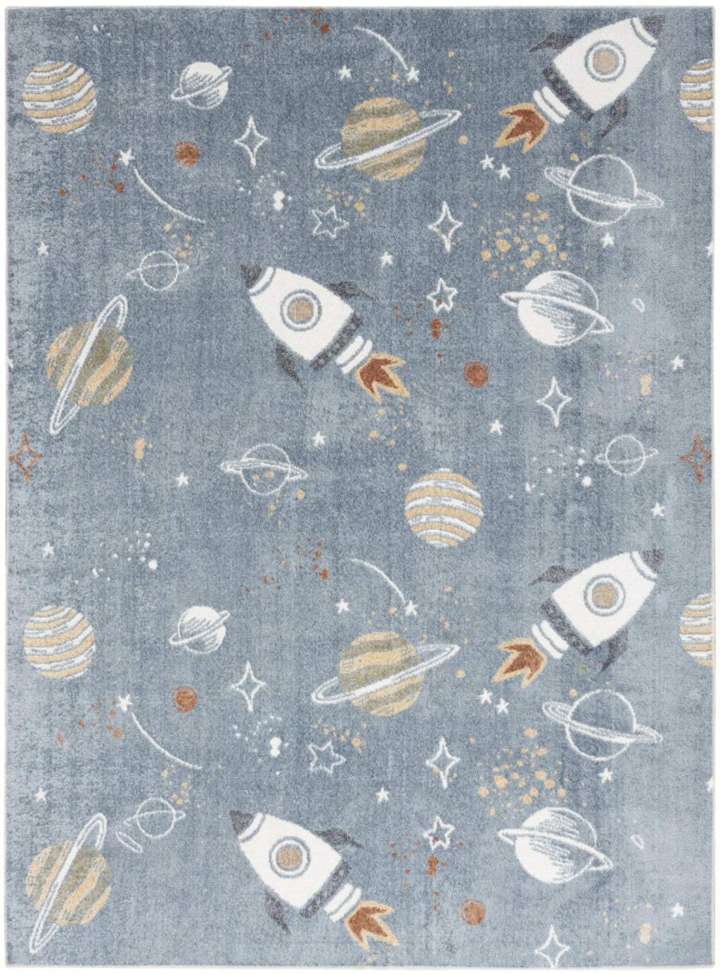 5' X 7' Blue Spaceships Youthful Washable Area Rug - HomeRoots - Flyclothing LLC