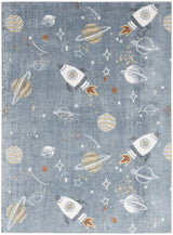 5' X 7' Blue Spaceships Youthful Washable Area Rug - HomeRoots - Flyclothing LLC