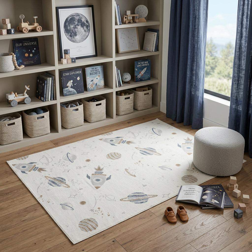 5' X 7' Ivory Spaceships Youthful Washable Area Rug - HomeRoots - Flyclothing LLC