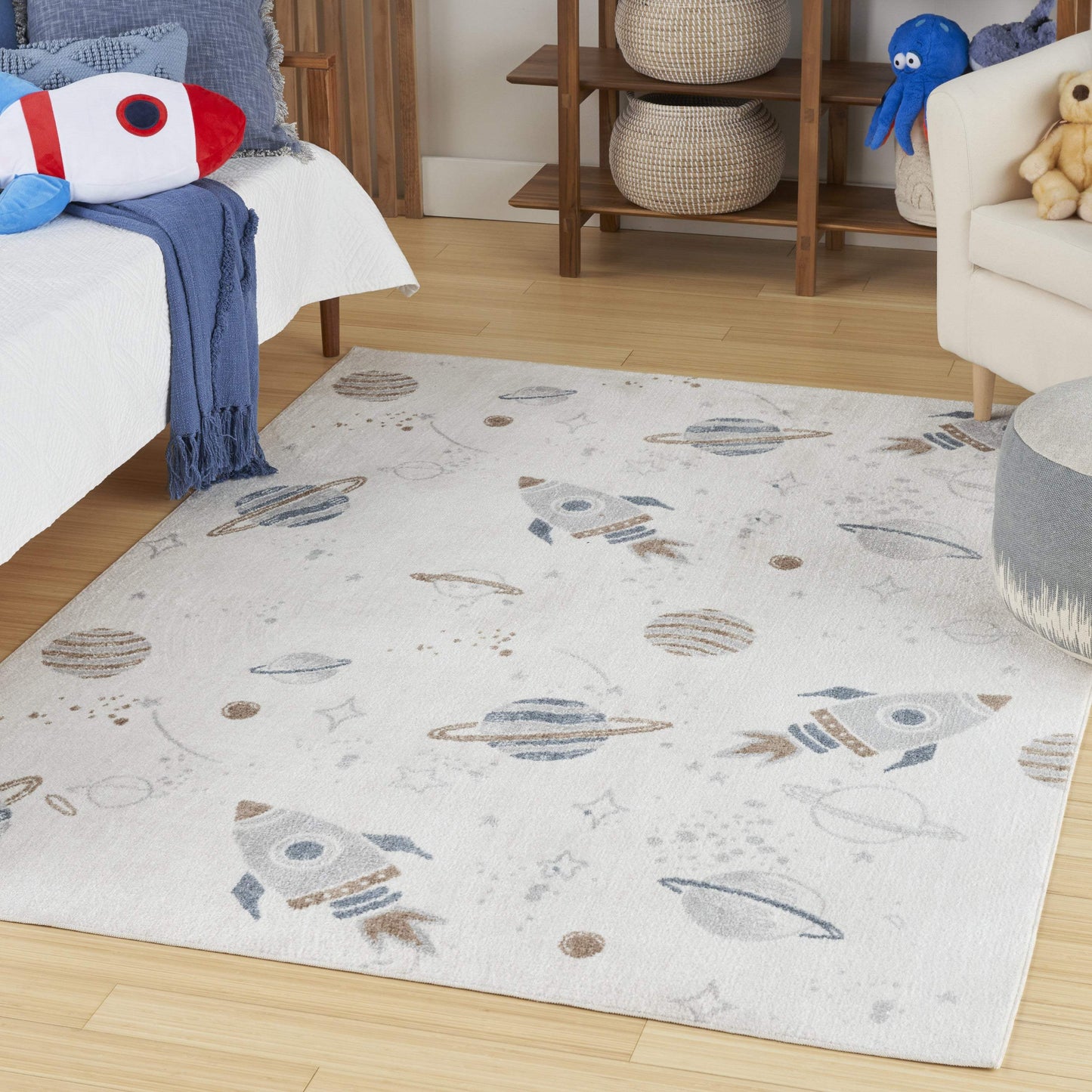 5' X 7' Ivory Spaceships Youthful Washable Area Rug - HomeRoots - Flyclothing LLC