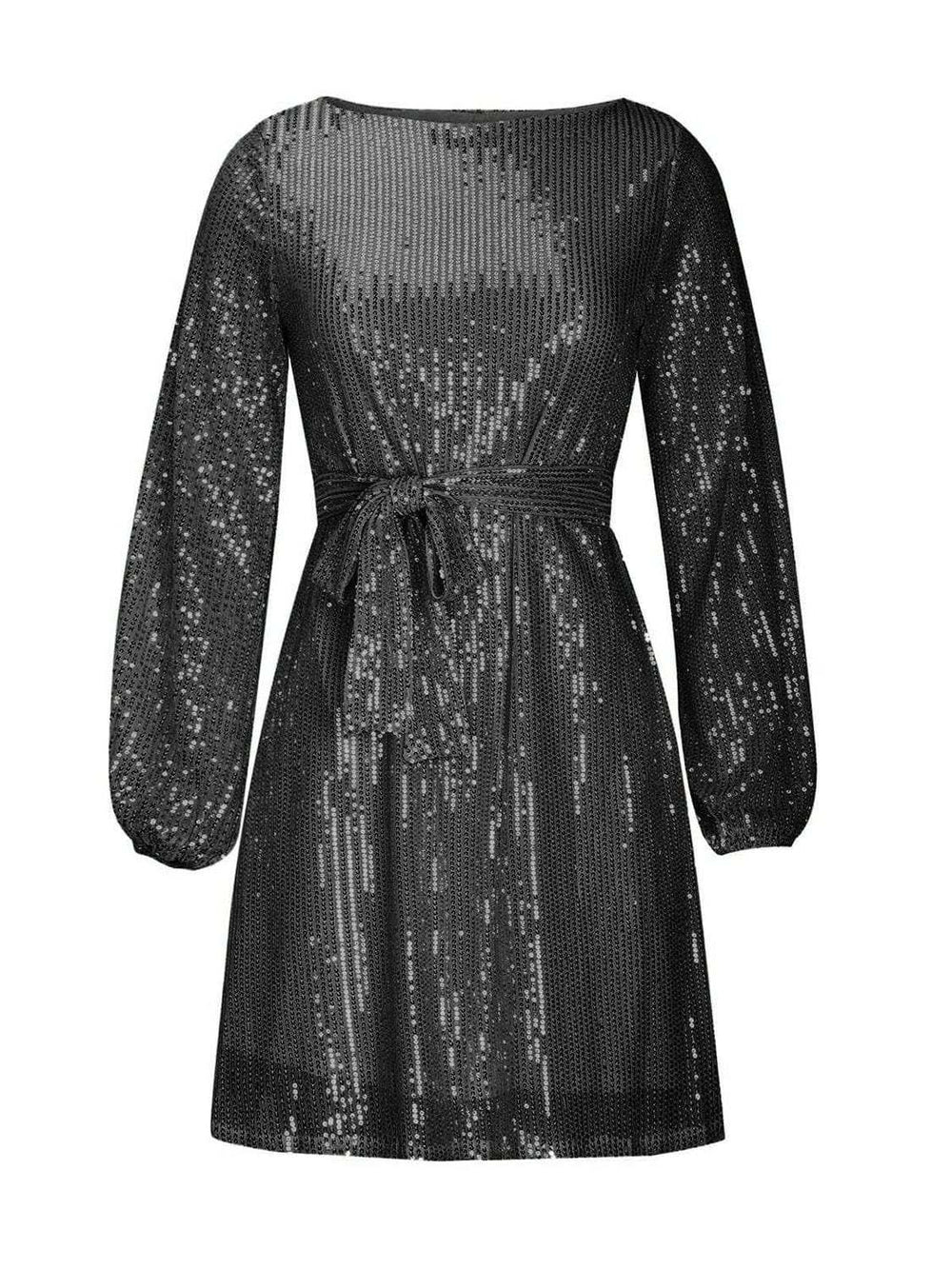 Sequin Tie Waist Long Sleeve Mini Dress - Trendsi - Flyclothing LLC