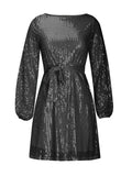 Sequin Tie Waist Long Sleeve Mini Dress - Trendsi - Flyclothing LLC
