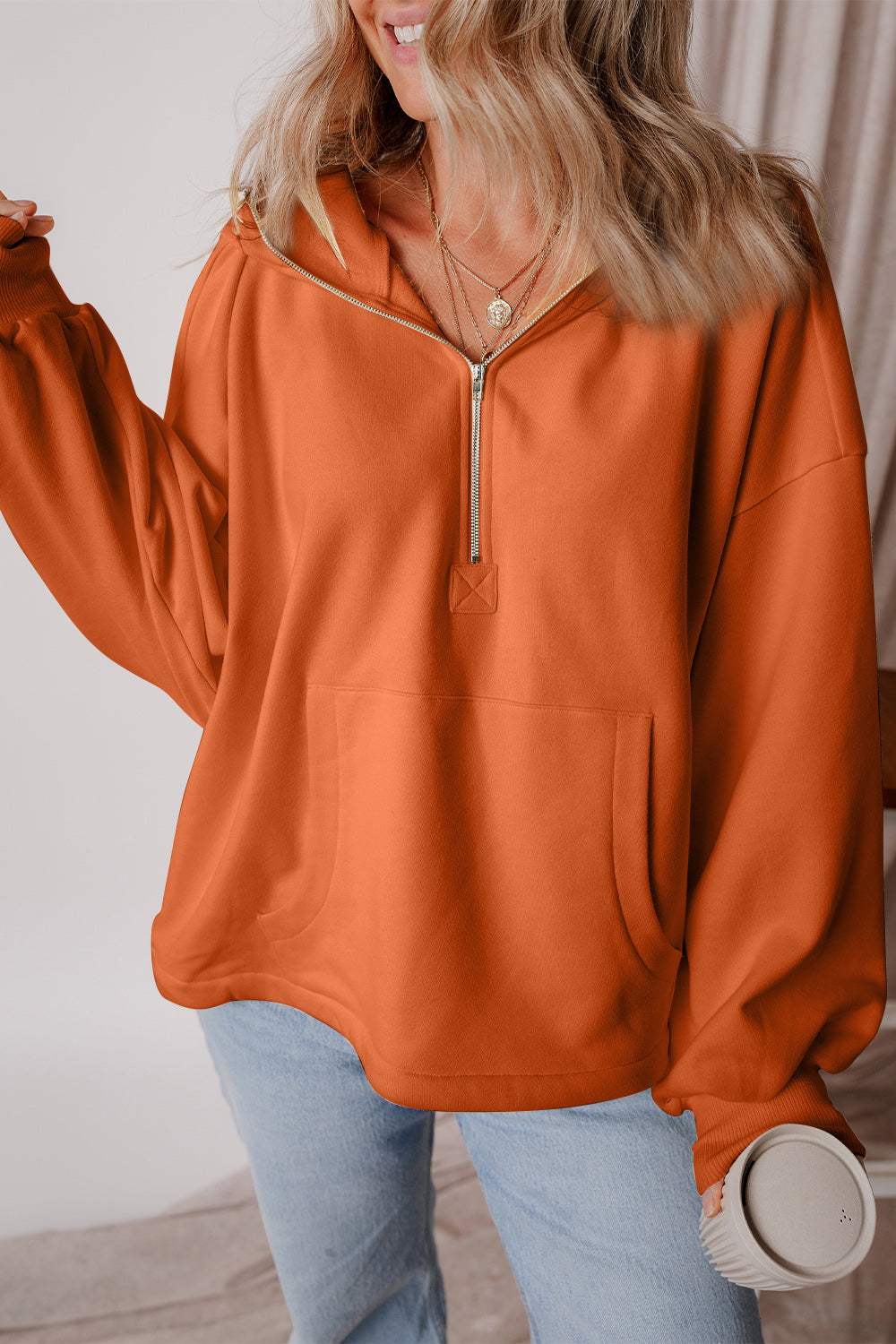 Pocketed Half Zip Dropped Shoulder Hoodie - Trendsi - Flyclothing LLC
