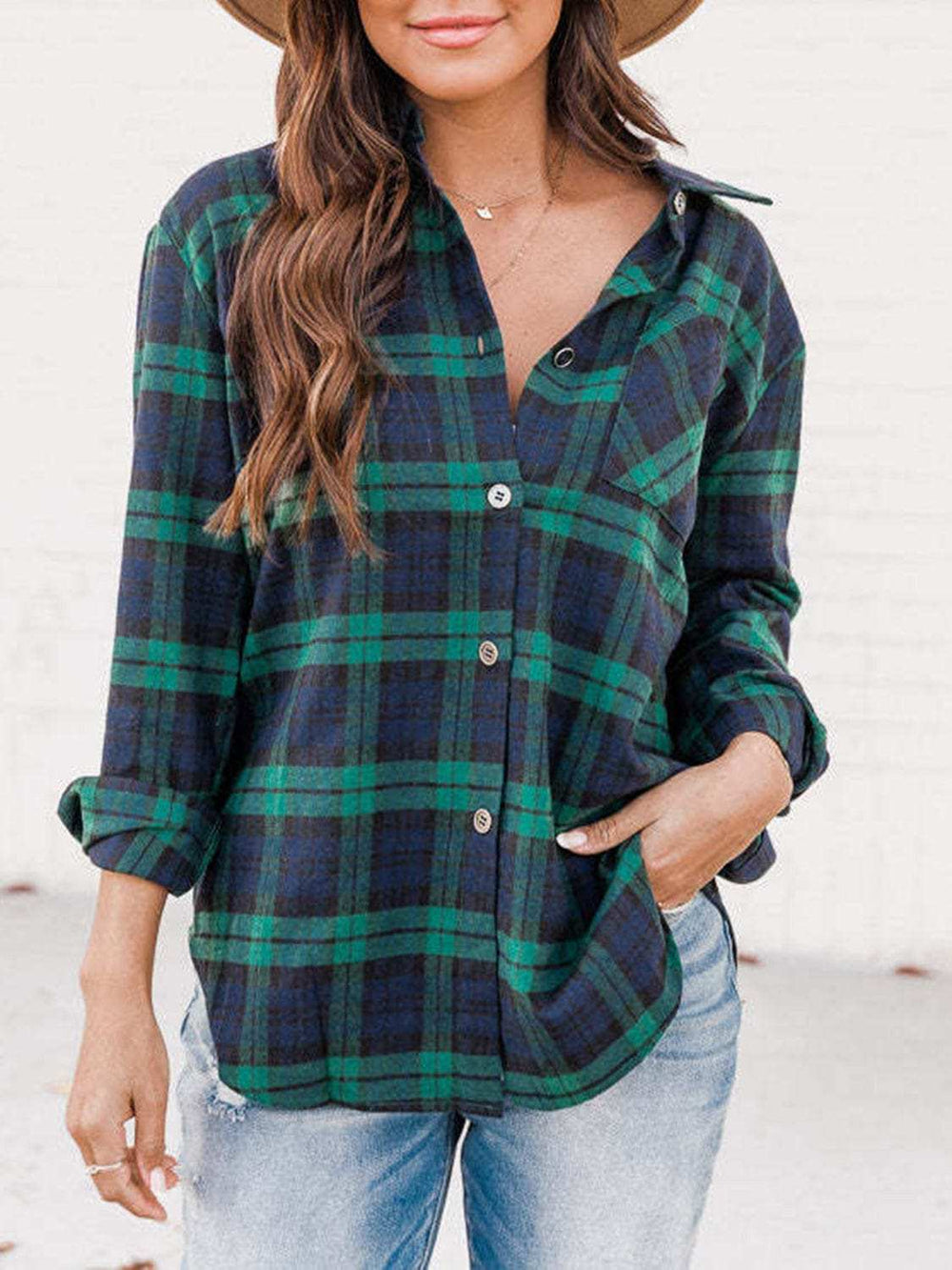 Plaid Collared Neck Long Sleeve Shirt - Trendsi - Flyclothing LLC
