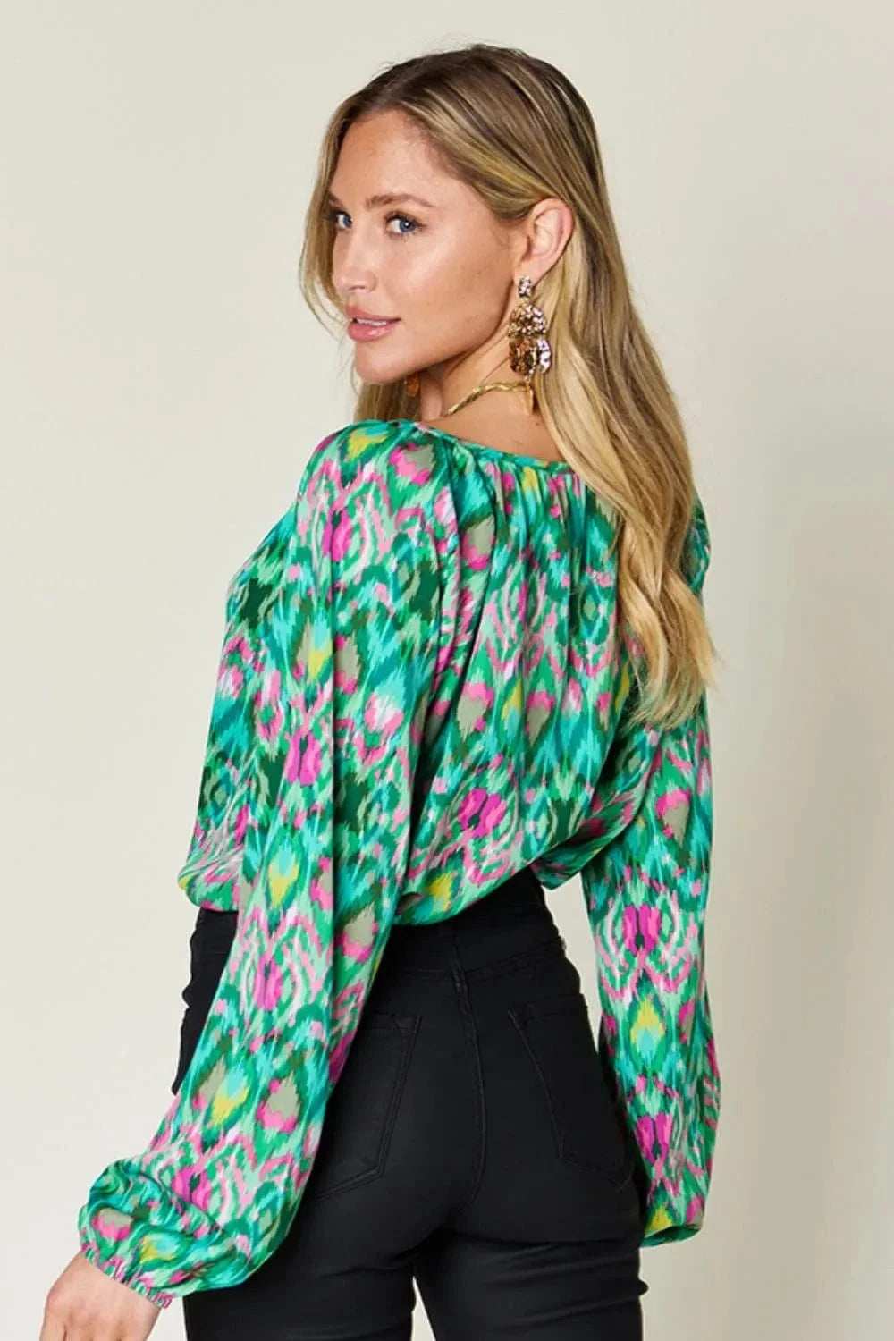 Double Take Full Size Printed Balloon Sleeve Blouse - Trendsi - Flyclothing LLC