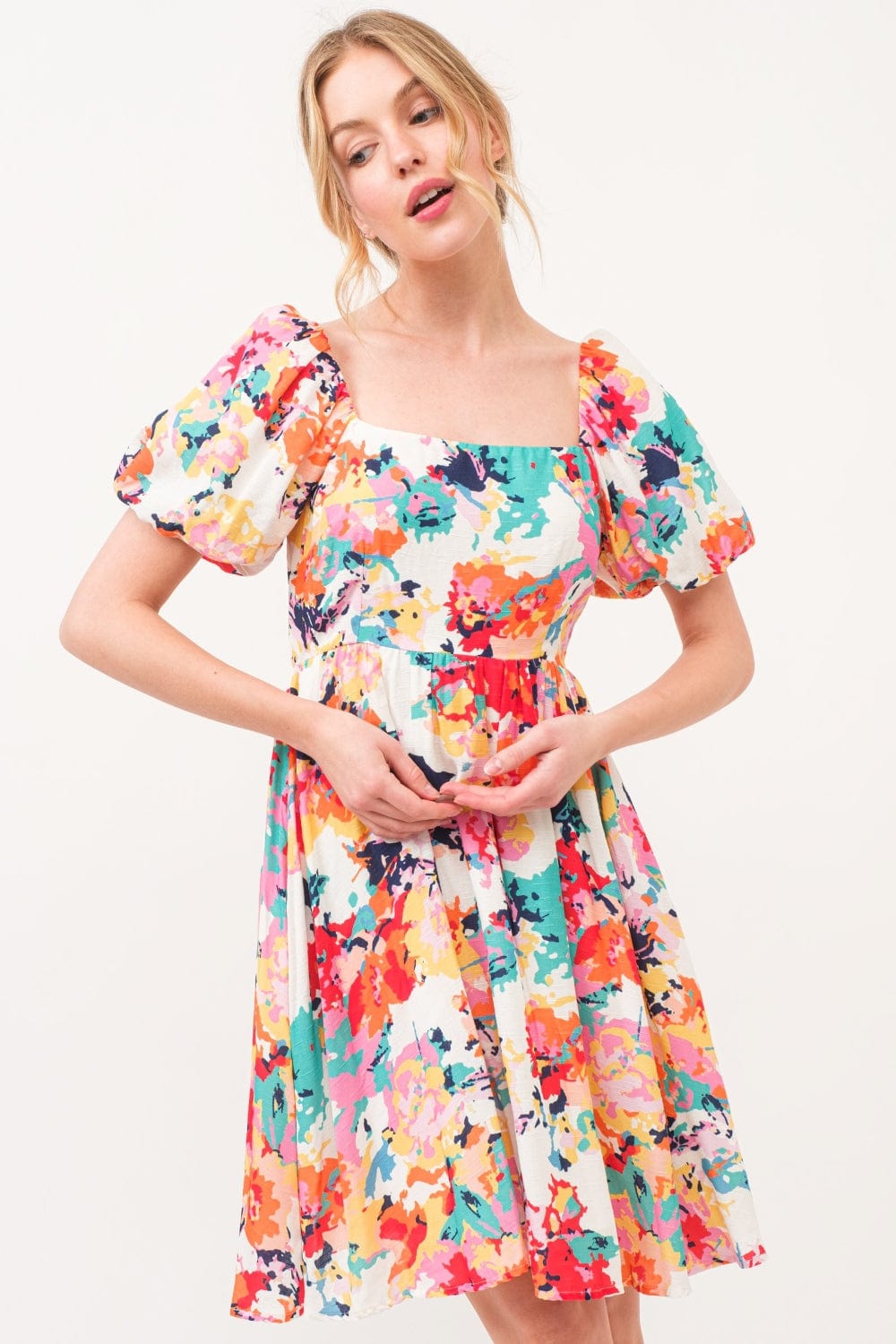And The Why Square Neck Puff Sleeve Floral Dress - Trendsi