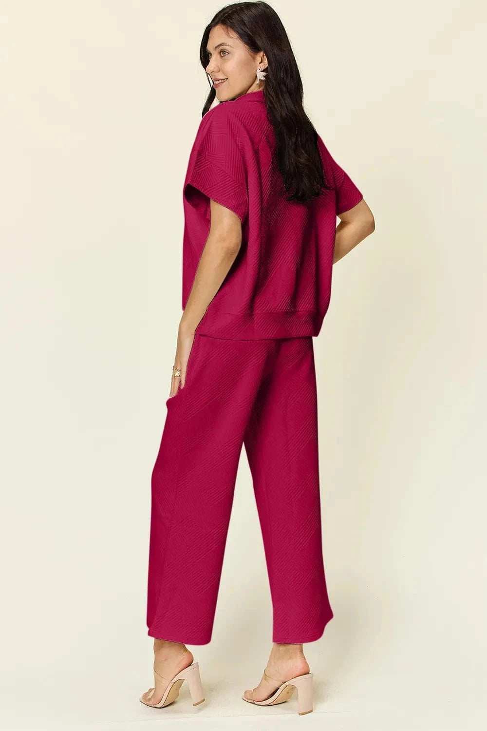 Double Take Full Size Texture Half Zip Short Sleeve Top and Pants Set - Trendsi - Flyclothing LLC