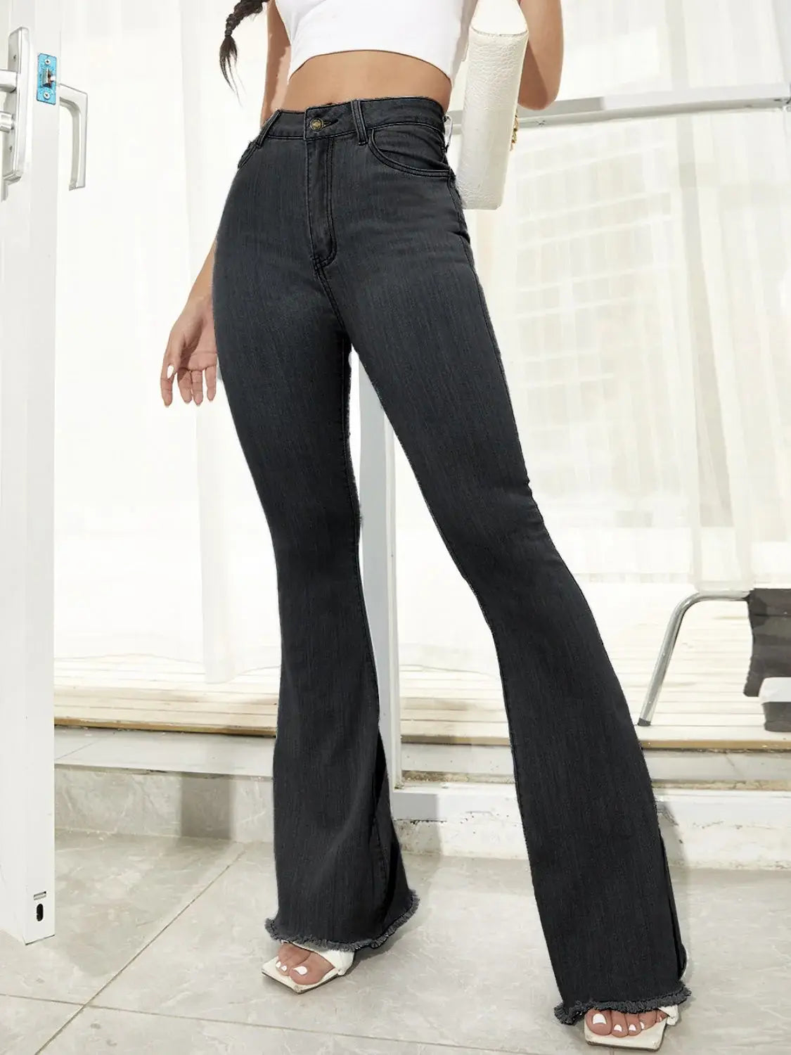 Raw Hem High Waist Flare Jeans - Trendsi - Flyclothing LLC