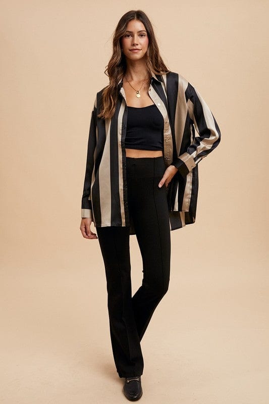 Annie Wear Striped Dropped Shoulder Button Up Shirt - Trendsi
