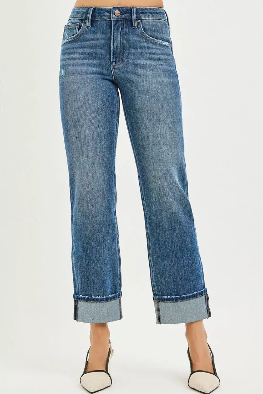 RISEN Full Size 4 Way Stretch Slouchy Straight Jeans with Cuffed Hem Plus Size - Trendsi - Flyclothing LLC