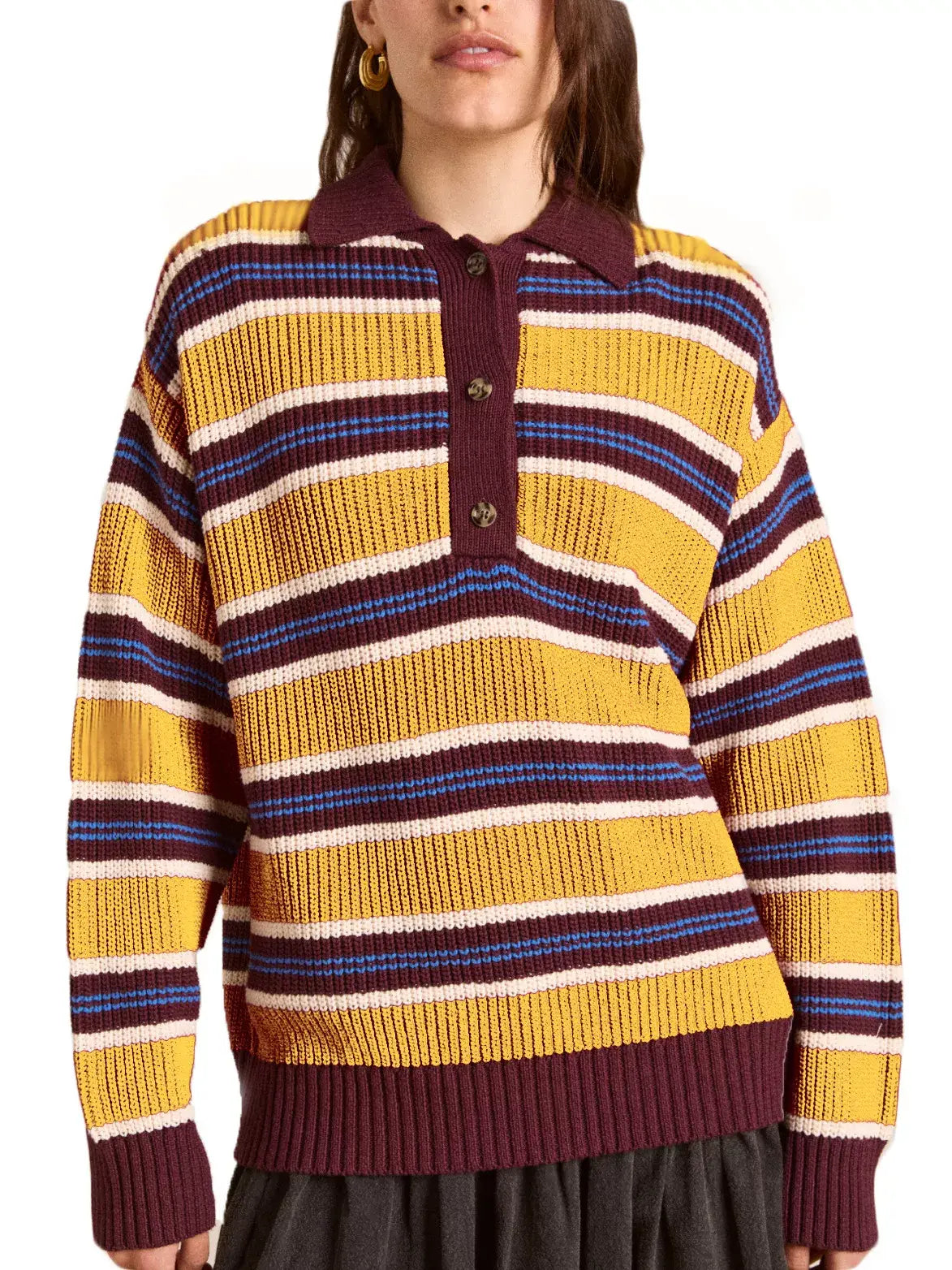 Striped Button Detail Polo Collar Sweater - Trendsi - Flyclothing LLC