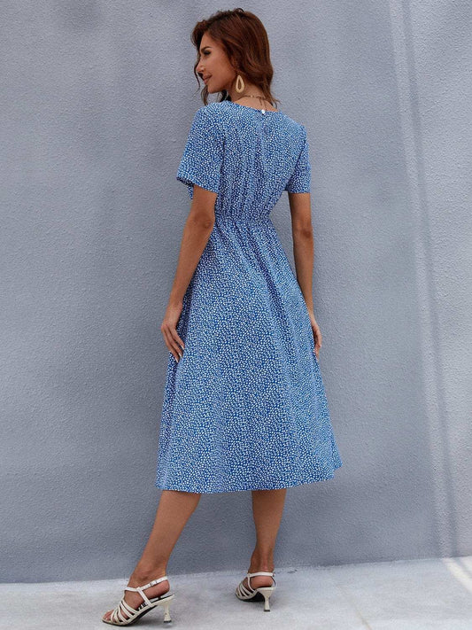 Printed Round Neck Short Sleeve Midi Dress - Trendsi - Flyclothing LLC