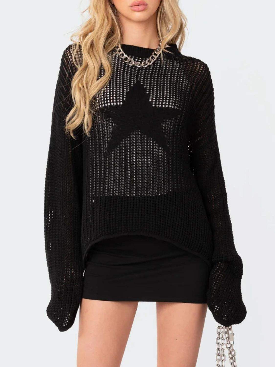 Star Round Neck Long Sleeve Knit Top - Trendsi - Flyclothing LLC