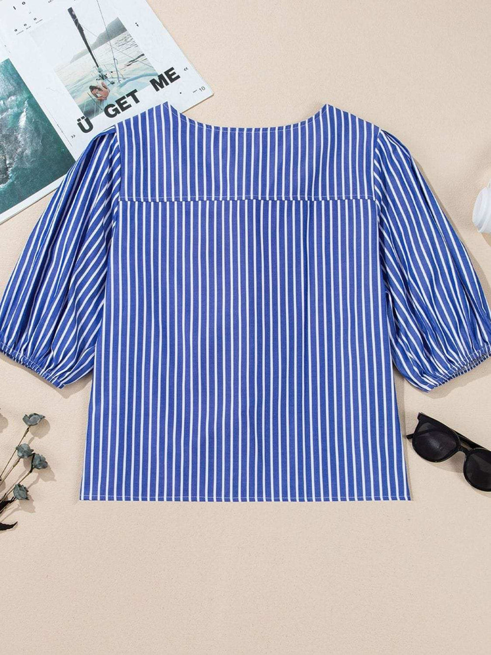 Stripe Tied Front Puff Short Sleeve Top - Trendsi - Flyclothing LLC
