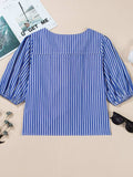 Stripe Tied Front Puff Short Sleeve Top - Trendsi - Flyclothing LLC