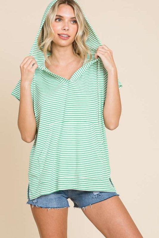 Culture Code Full Size Striped Short Sleeve Hooded Top - Trendsi